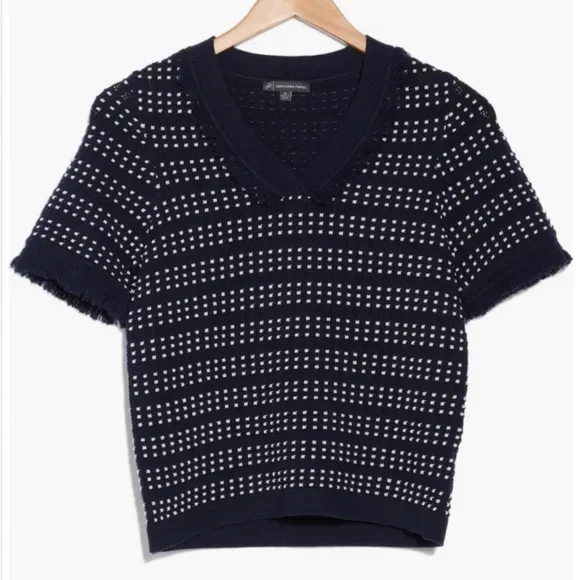 Adrianna Papell Navy and White V-Neck Sweater with fringe Size Large - Picture 3 of 10
